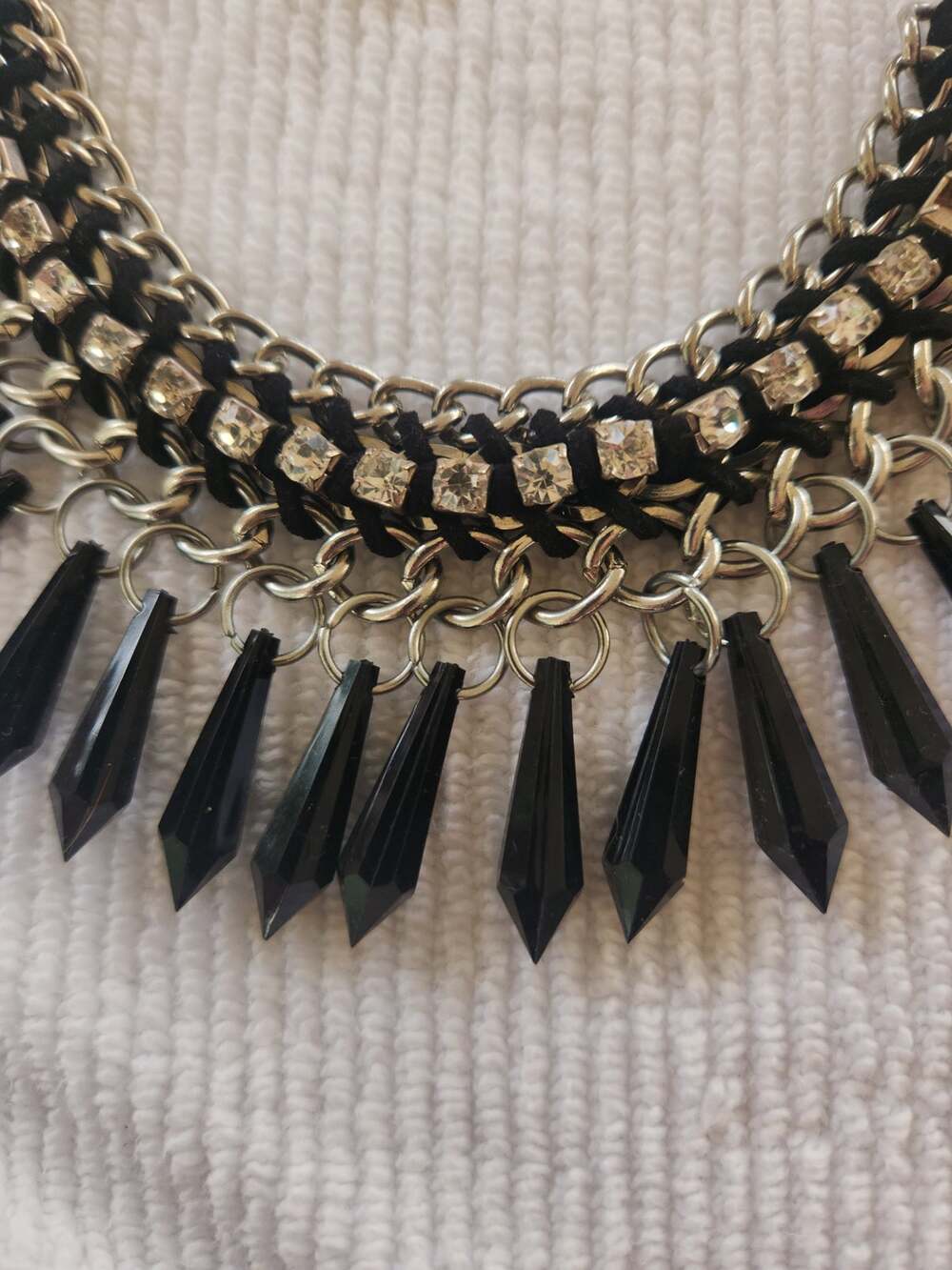 Black Spike Fringe Rhinestone Statement Necklace 18 Inch Chain Gothic Rocker Bib